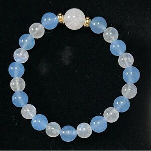 handmade bracelet - rainbow moonstone, icy blue & white jade beads